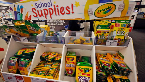 This is a display of back to school crayons and markers in a store.