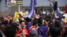 Hundreds of protesters took to the streets in San Bernardino on Friday, May 1, 2026 for a May Day event to protest the Trump administration’s immigration policies.