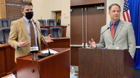 Senate President Pro Tem Rodric Bray (R-Martinsville), left, and House Speaker Todd Huston (R-Fishers), right, speak to reporters.