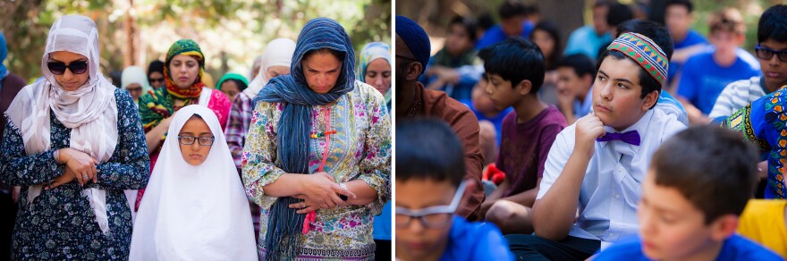 <strong>Left:</strong> Leya Khan (from left), Sarah Khaled and Asifa Quraishi-Landes during <em>Jumu'ah</em> prayer. <strong>Right: </strong>Keeno Ghadbian,14, listens to a sermon. <em>Jumu'ah</em> is held every Friday and is more formal than the other prayers.