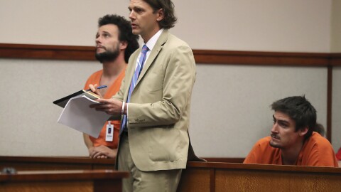 In this Wednesday, May 31, 2017 court-appointed "lawyer of the day" Merritt Hemingway defends a person charged with a crime at Cumberland County Superior Court in Portland, Maine. Gov. LePage's $6.8 billion budget includes a plan to shake up a system that currently sends millions of dollars in state money to hire private lawyers for indigent defense. 