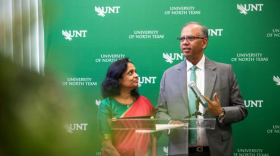 Anuradha and Vikas Sinha celebrate with the University of North Texas administration and community members as their $20 million gift to the university is announced Sept. 2.