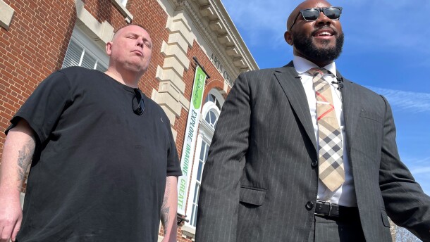 Bryan Getchius, left, and his attorney, Tyler Bailey, announced a civil rights lawsuit against Greenwood County.