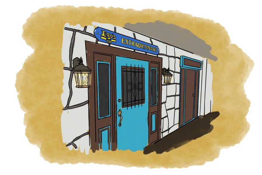 Un dibujo de la puerta principal del Ego's Karaoke Bar en South Congress Avenue. 