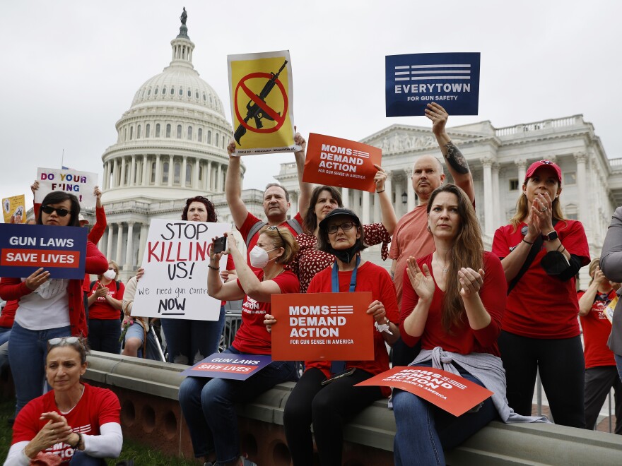 Gun control advocacy groups rally with Democratic members of Congress outside the U.S. Capitol on May 26, 2022. Organized by Moms Demand Action, Everytown for Gun Safety, and Students Demand Action, the rally brought together members of Congress and gun violence survivors to demand gun safety legislation following mass shootings in Buffalo, N.Y., and Uvalde, Texas.