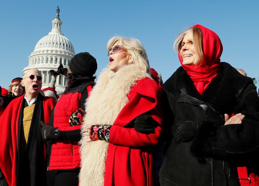 Actress and activist Jane Fonda (center) and Gloria Steinem (right) march during the "Fire Drill Fridays" climate change protest and rally on Capital Hill on December 20, 2019, in Washington, D.C. (Paul Morigi/Getty Images)