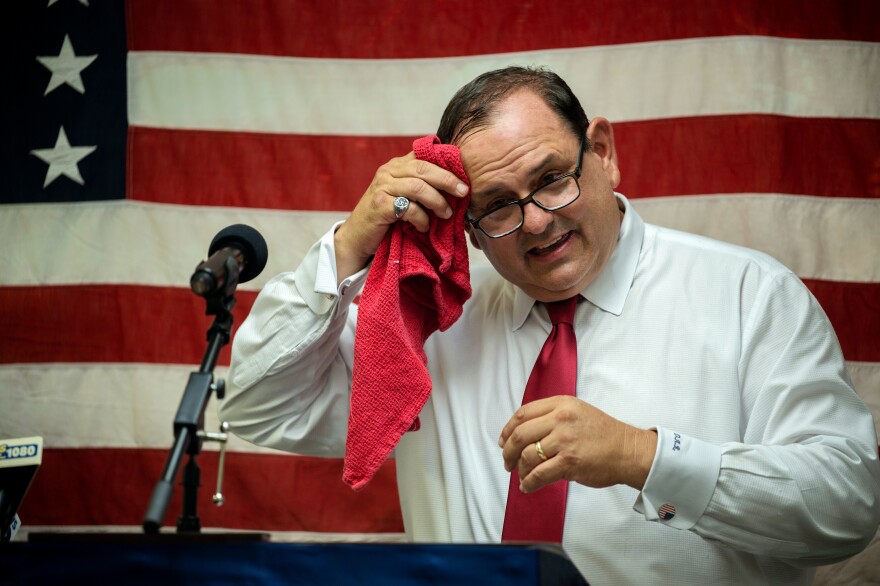 Republican candidate Dominic Rapini celebrates his primary win in the race for Secretary of the State at a watch party at the West Haven Republican Headquarters.