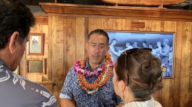 Kauaʻi Mayor Derek Kawakami speaks to people at a meet-and-greet event in Waikīkī in Honolulu on June 29, 2026