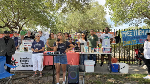 Arianne Betancourt speaks at a press conference outside of ICE-ERO Center in Miramar on July 1, 2026.