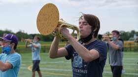A student's mellophone horn is covered to prevent the spread of airborne respiratory droplets at Valley Center High School band camp.