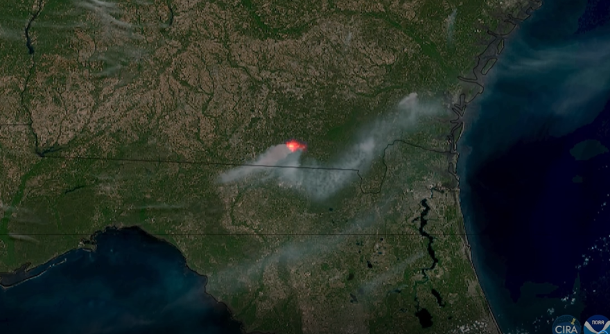 Satellite image of smoke filtering into South Carolina from the southern Georgia wildfires.