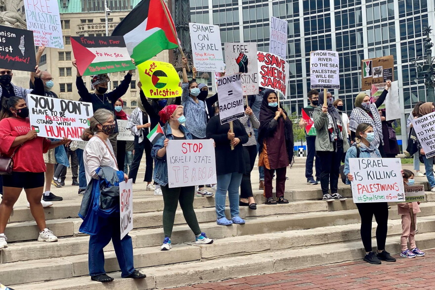 More than 50 people gathered in Indianapolis Tuesday to demand US officials stop funding Israel’s military and pressure the country to end airstrikes in Gaza.