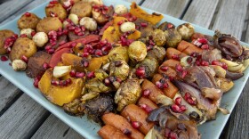 Roast vegetables with a pomegranate vinaigrette and pomegranate seeds, from chef Kathy Gunst. (Robin Lubbock/WBUR)