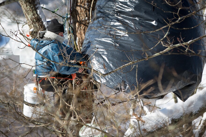 A female tree sitter, who was quoted in the story, comes out of her tent to make some adjustments to the apparatus in the wind and cold. 