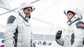 From left, SpaceX Crew-13 Pilot Luke Delaney and Commander Jessica Watkins, both NASA astronauts, are pictured in their pressure suits during a training session at SpaceX headquarters in Hawthorne, California.