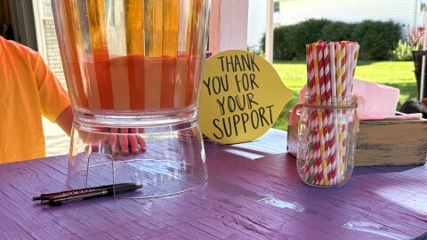 Kids at Wiggles and Giggles home daycare run a lemonade stand in support of United Way of Cass Clay's annual school supply drive.