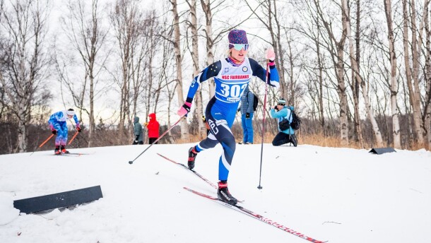 Hailey Swirbul competes in the 2025 Alaska SuperTour in Anchorage's Kincaid Park on Dec. 6, 2025.