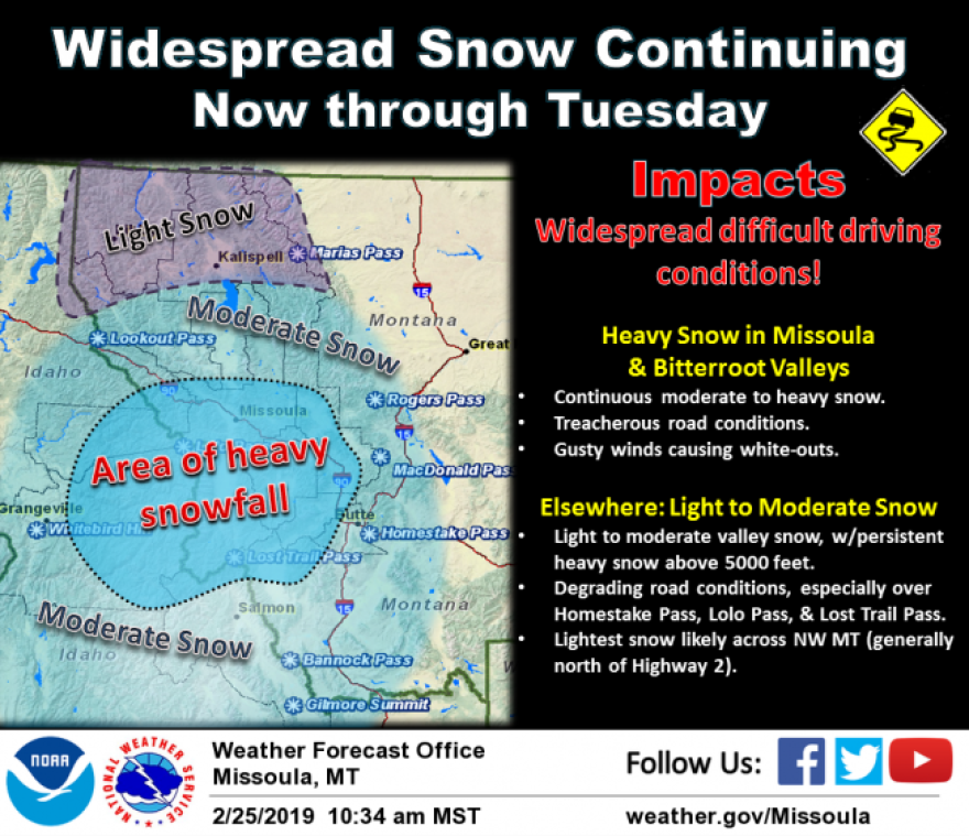 Heavy snow will continue this week across north central Idaho into west central Montana, bringing blowing snow, low visibility, and treacherous driving conditions.