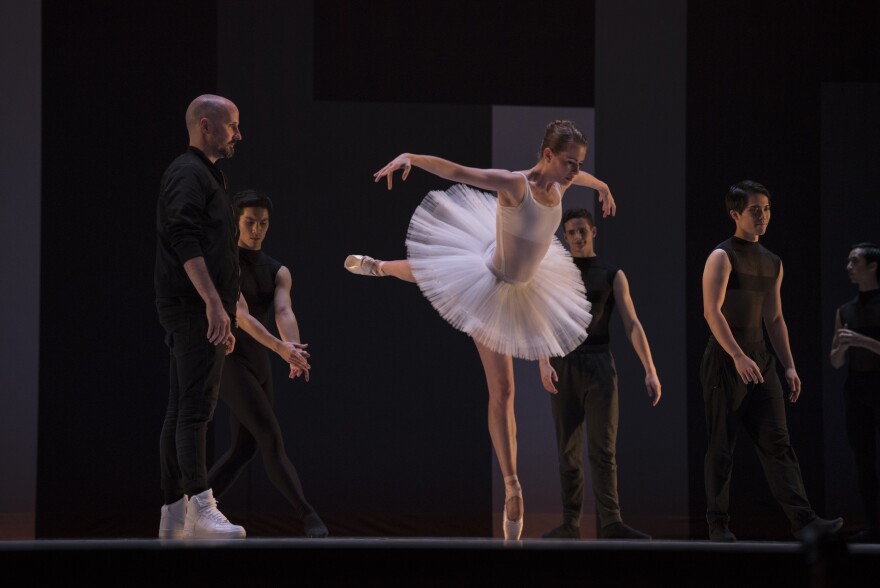 Louisville Ballet artistic director Robert Curran and company artist Ashley Thursby in 2019 in rehearsal for Stanton Welch's "Velocity."