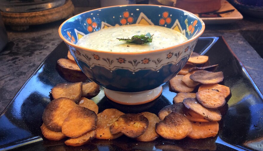 Kathy's green herb tahini dip for sweet potato chips. (Kathy Gunst for Here & Now)