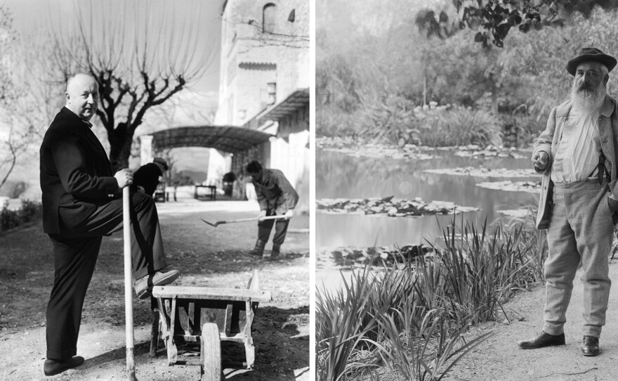 Christian Dior (left) poses in the garden at La Colle Noire, his home in Montauroux, in a photograph taken by Lord Snowdon. Claude Monet (right) stands beside his pond of water lilies in a 1905 photograph by Jacques-Ernest Bulloz.