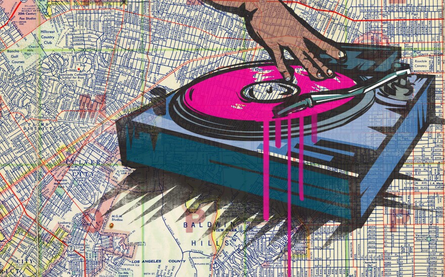 dj turntable with hand over vintage map design