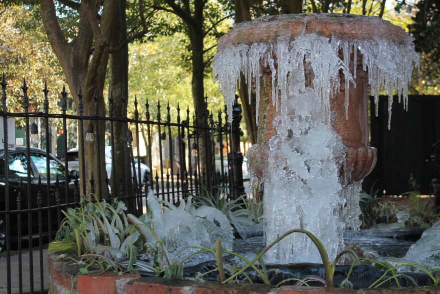 A fountain is frozen in the Marigny neighborhood of New Orleans. Feb. 16, 2021.