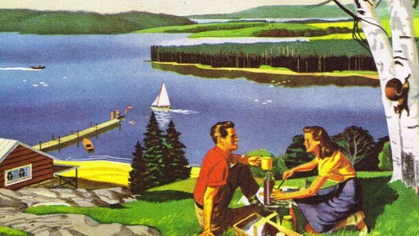 A vintage scene of a picnic by a lake.