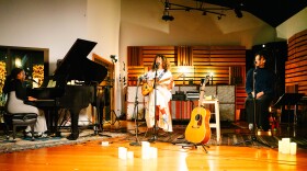 Macaiah Dempsey on piano, Satya on lead guitar and vocals, and August Lee Stevens on vocals at 25th Street Recording in Oakland 