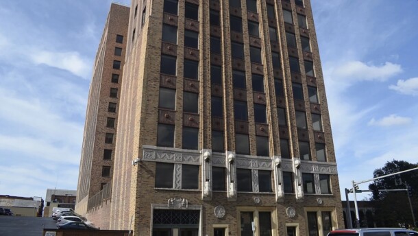 A street view of a high-rise building