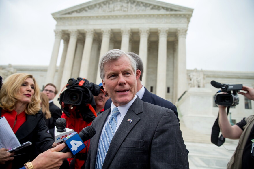 Former Virginia Gov. Bob McDonnell speaks outside the Supreme Court in Washington, Wednesday, April 27, 2016, after the Supreme Court heard oral arguments on the corruption case against McDonnell.