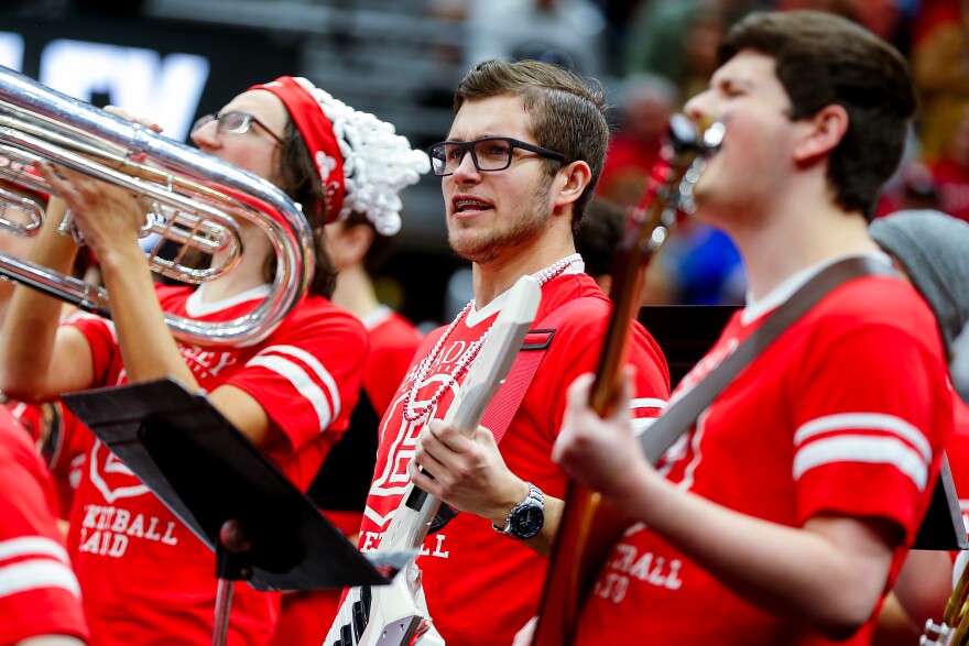 Members of the Bradley Braves Basketball Band perform on Sunday, March 5, 2023, during the Missouri Valley Conference’s “Arch Madness” championship against the Drake Bulldogs at the Enterprise Center.