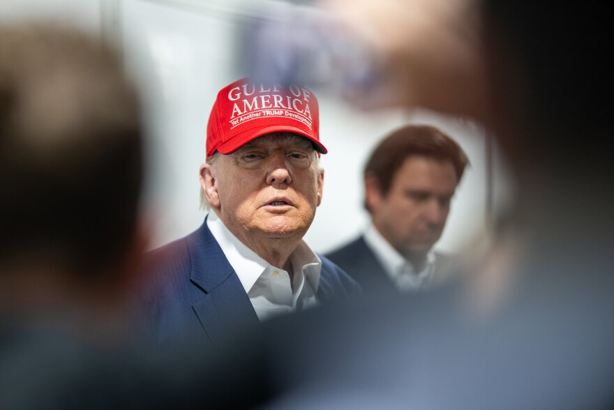 President Donald Trump participates in a walking tour of a immigration detention center on Tuesday, July 1, 2025, in Ochopee, Florida.