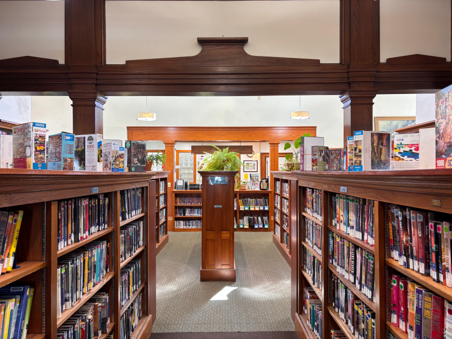 Bookshelves at the Bridgton Public Library in Sept. 2025.