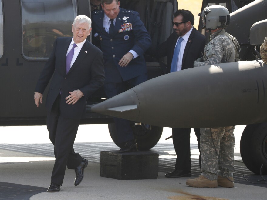 U.S. Defense Secretary Jim Mattis, left, at the Demilitarized Zone in the border village of Panmunjom in Paju, South Korea in October 2017.