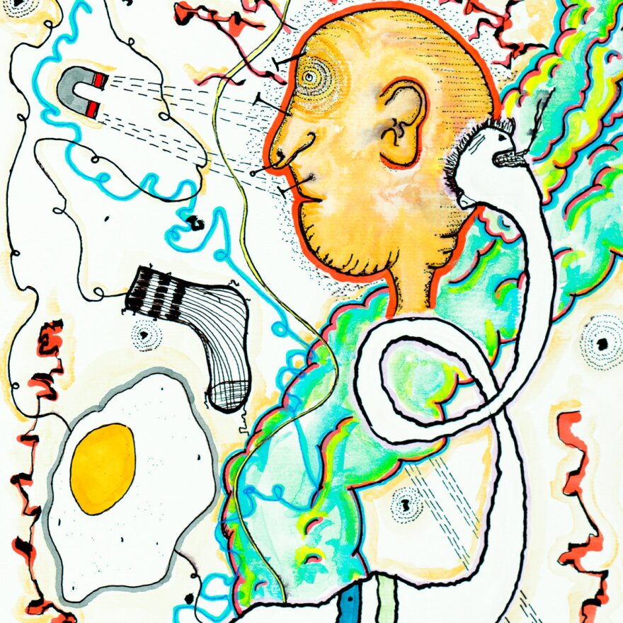 Album cover of Nervous Verbs - Moments of Riot depicting a strange head surrounded by random objects.