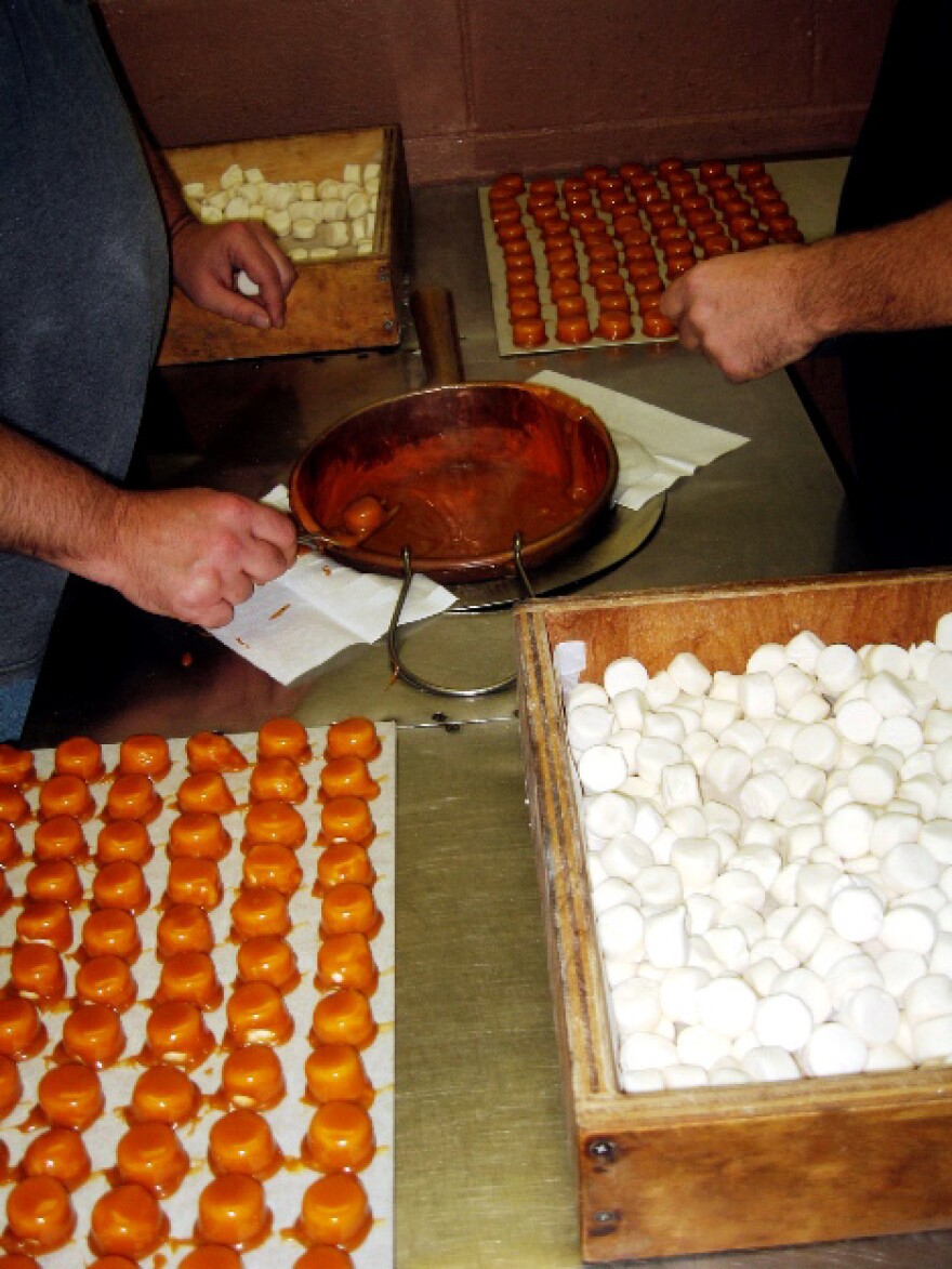 Muth's Candies sells thousands of pounds of Modjeskas annually. Each marshmallow is dipped in a secret caramel mixture by hand.