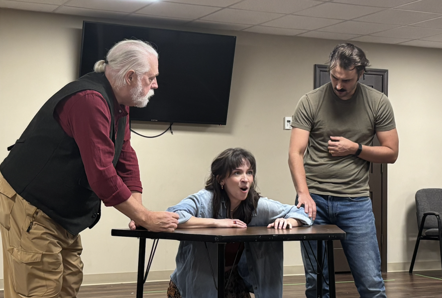 Lanin Thomasma, Taylor Lynn Lewis and Sam Saravolatz rehearse Ozark Actor's Theatre's production of "Dracula."