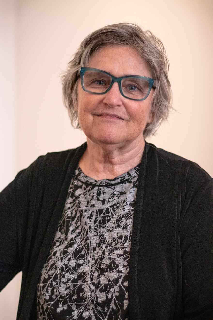 Polly Perkins, a St. Petersburg, FL based artist, is participating in the BIG INK printing press for the second time after exhibiting her work with the organization in Philadelphia last year. Thomas Iacobucci/WUSF Public Media