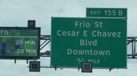 A TxDOT Highway sign in Downtown San Antonio along Interstate 35 and Interstate 10