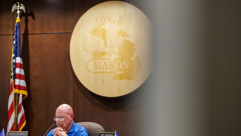 Mason Mayor Russell Whipple speaks during a Mason City Council meeting and town hall about potential data center developments in Mason, Mich., on Sept. 14, 2026.