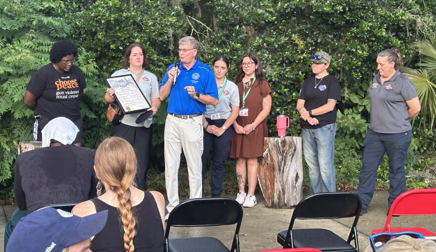 Gainesville City Commissioner Ed Book stands with other Gainesville public officials to observe Overdose Awareness Day on Monday, Aug. 31, 2026. (Mackenzie Davis/WUFT News)
