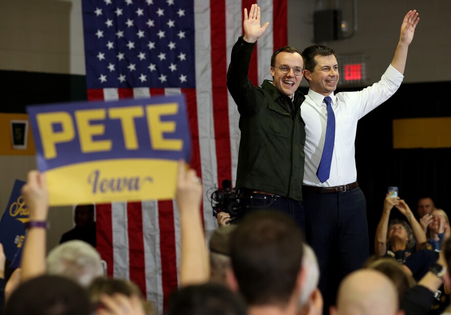 In 2020, Chasten Buttigieg (let) appeared at a campaign event with his husband and Democratic presidential candidate Pete Buttigieg.