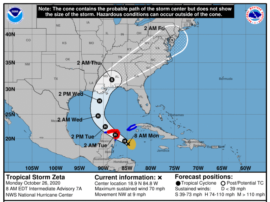 Tropical Storm Zeta is poised to develop into a hurricane and is expected approach the Gulf Coast on Wednesday.