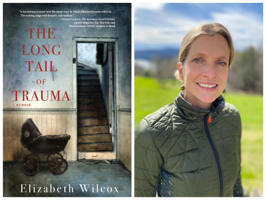 The cover of the new memoir The Long Tail Of Trauma next to a photo of author and journalist Elizabeth Wilcox.