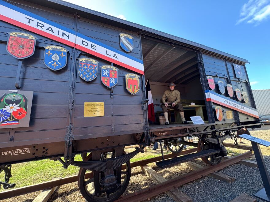 Various historical artifacts inside the restored WWI-era boxcar.