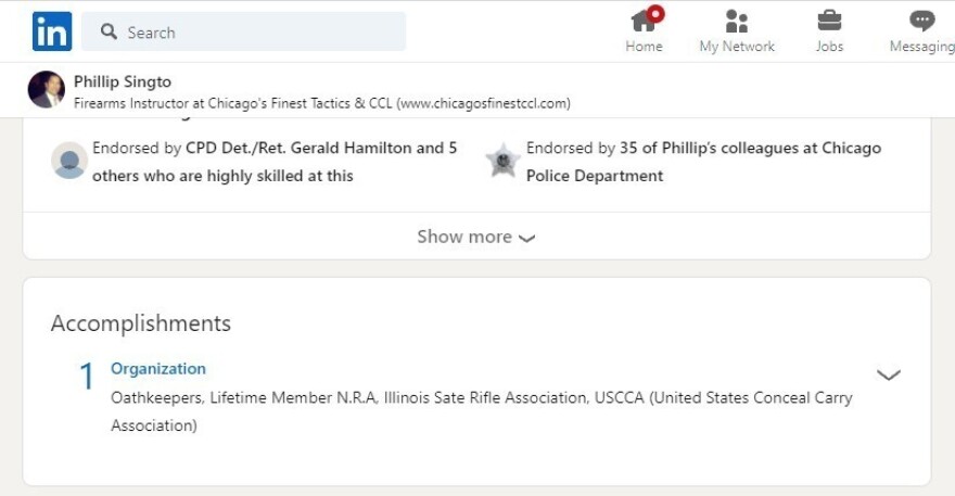 A LinkedIn profile for a Phillip Singto in the Greater Chicago Area lists experience as a firearms instructor at the Chicago Police Academy, and mentions "Oathkeepers" under the Accomplishments section.