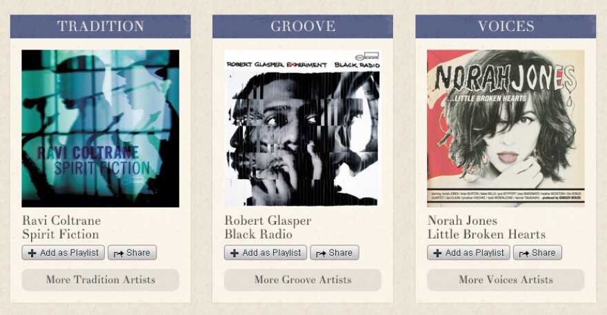 The bottom half of the Blue Note Spotify app landing page divides its artists into three categories. (Artists can fall into multiple categories.)