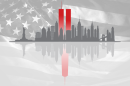  Art rendering of twin towers and New York city skyline