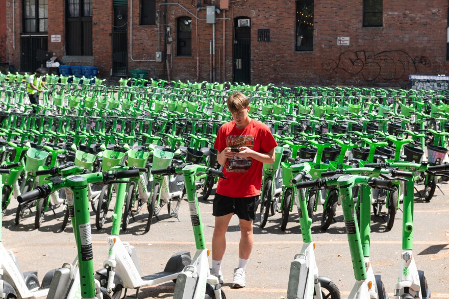 A man in a red shirt and black shorts stands amidst hundreds of lime-green bikes and scooters, looking at his phone and typing.